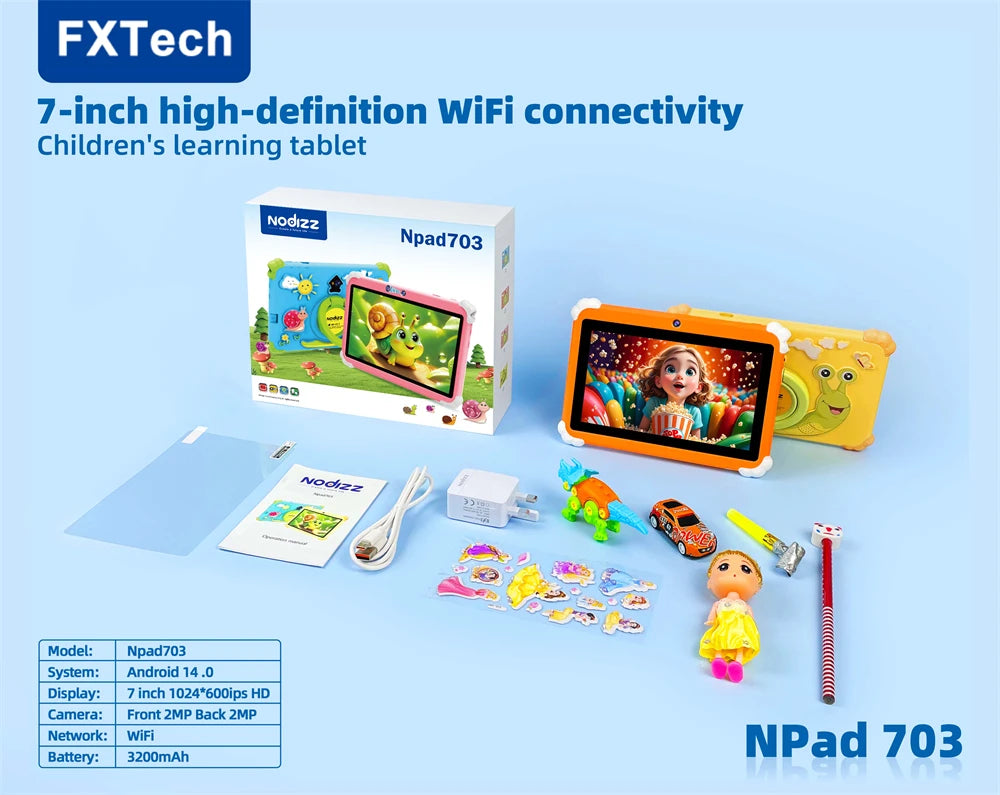 Kids Tablet 4GB + 128GB Memory Napd 703 Tablet 4 Core 7.01 HD Display 3200mAh WIFI-5G Android 14 Tablets for Children Girls 2025