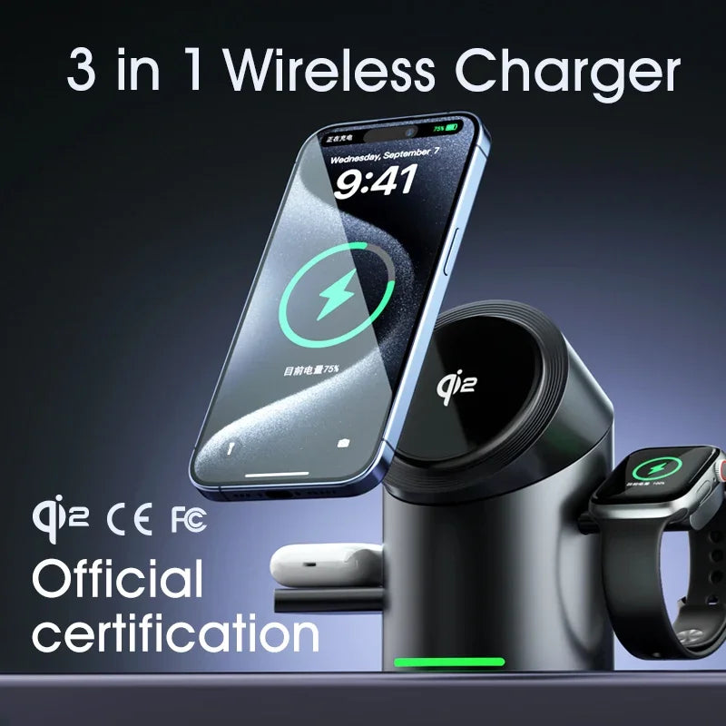 New Smart 15W Qi2 3 In 1 Magsafe Magnetic Autorotation Wireless Charger For iPhone iWatch Airpods Fast Charging Dock Station