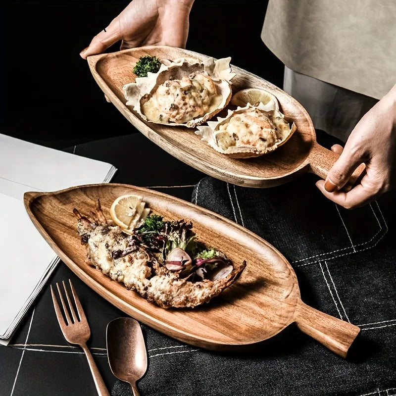 Japanese Style High Aesthetic Wooden Leaf Shaped Afternoon Tea Snack Tray,  Western Food Sushi Tray Dessert Fruits Dining Plate