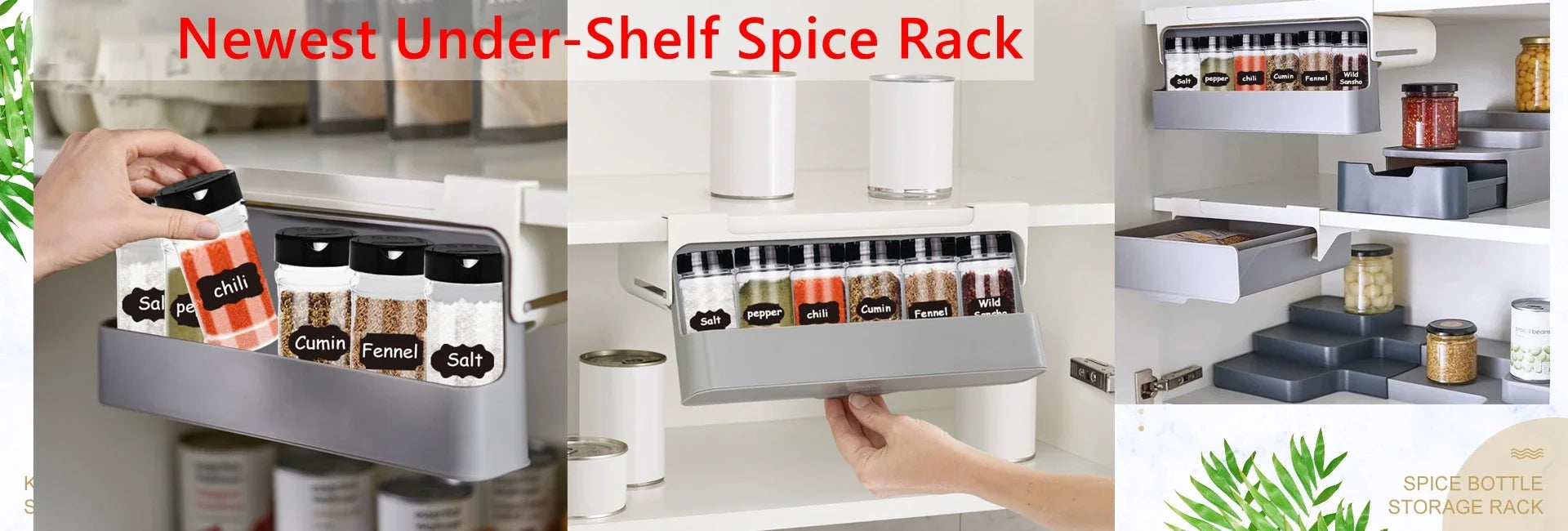 Estante de especias de cocina autoadhesivo para montar en la pared, debajo del estante, organizador de especias para botellas de condimentos, estante de almacenamiento de cocina