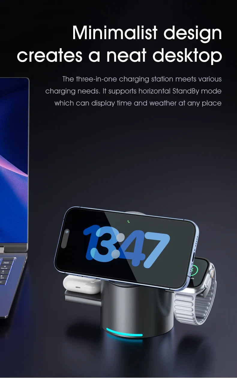 New Smart 15W Qi2 3 In 1 Magsafe Magnetic Autorotation Wireless Charger For iPhone iWatch Airpods Fast Charging Dock Station