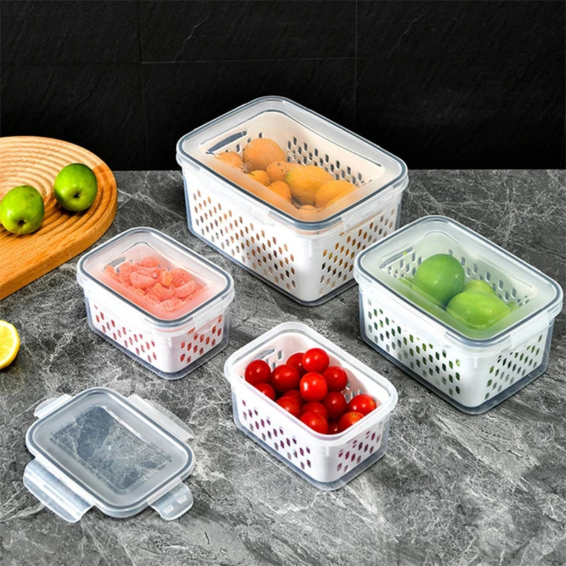 Lot de 3 boîtes de conservation pour réfrigérateur avec couvercles et passoire, boîtes de rangement pour fruits et légumes