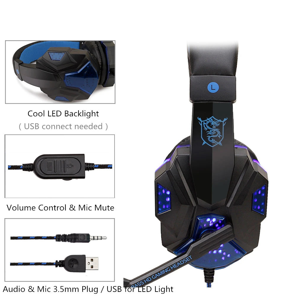 Auriculares para juegos con luz LED, micrófono, estéreo, graves profundos, para PC, portátil, PS4, Xbox