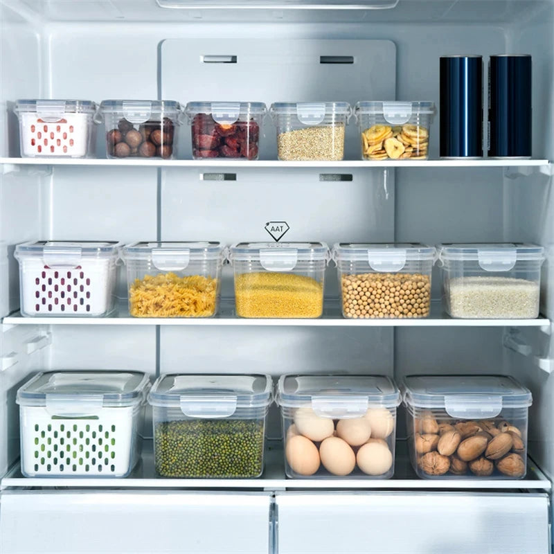 Lot de 3 boîtes de conservation pour réfrigérateur avec couvercles et passoire, boîtes de rangement pour fruits et légumes