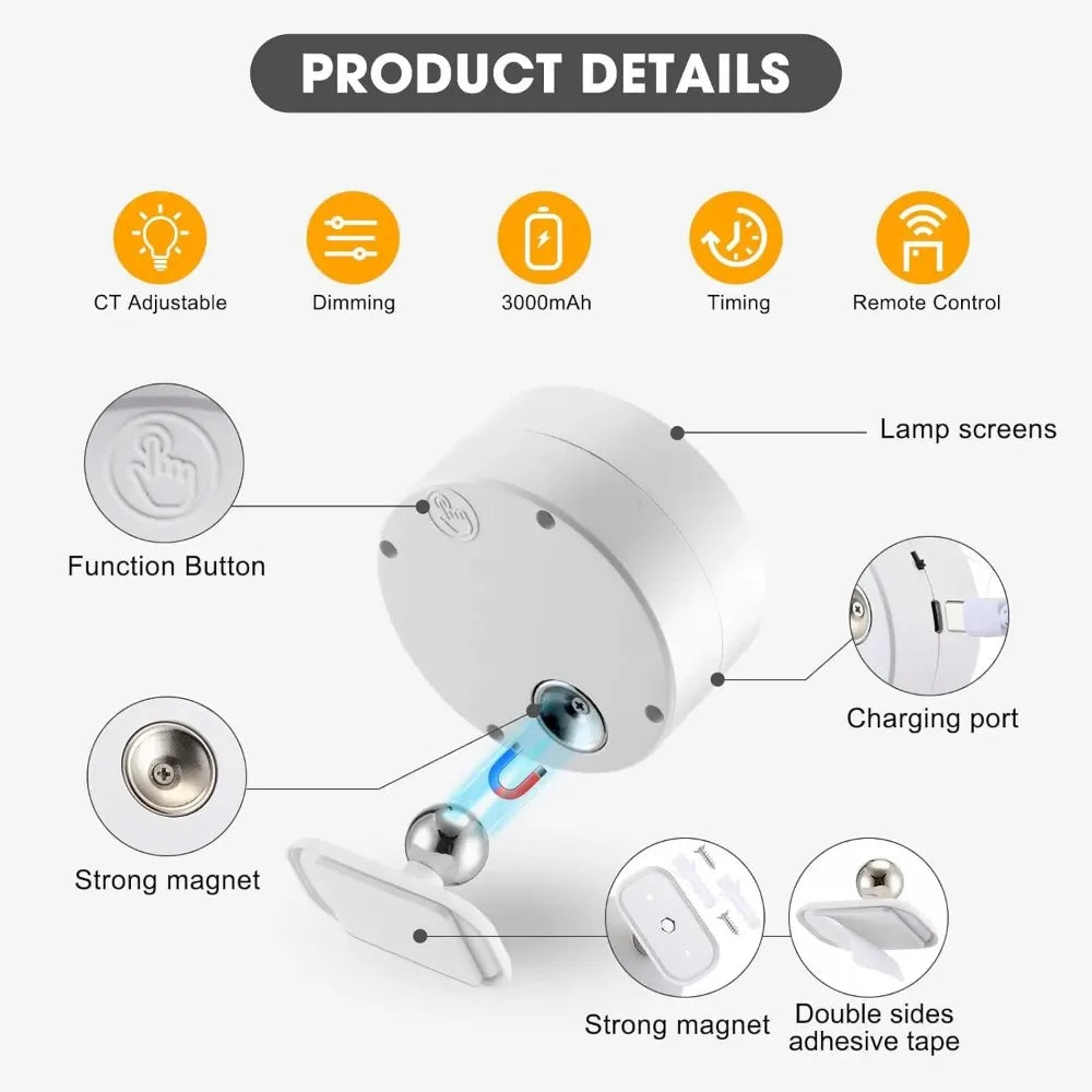 Magnetic LED Wall Light Night Dimmable Magnetic Picture Lights 360° Rotation Touch Remote Control Cabinet Spotlight Night Lamp