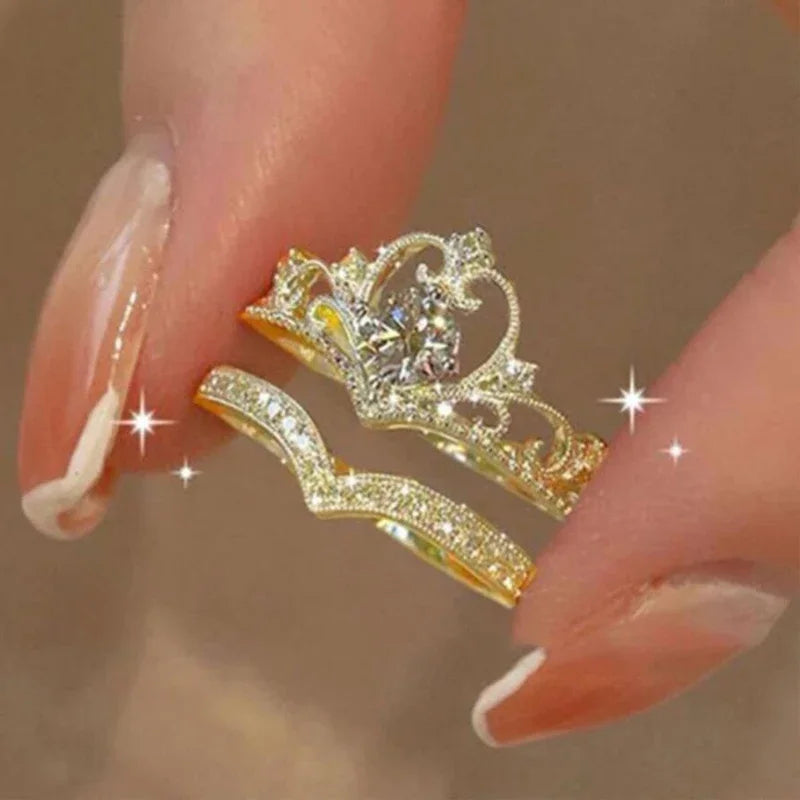 Stainless Steel 2PCS Crystal Crown Adjustable Ring Irregular Geometry Vintage Rings Set for Women Girls New Fashion Jewelry Gift