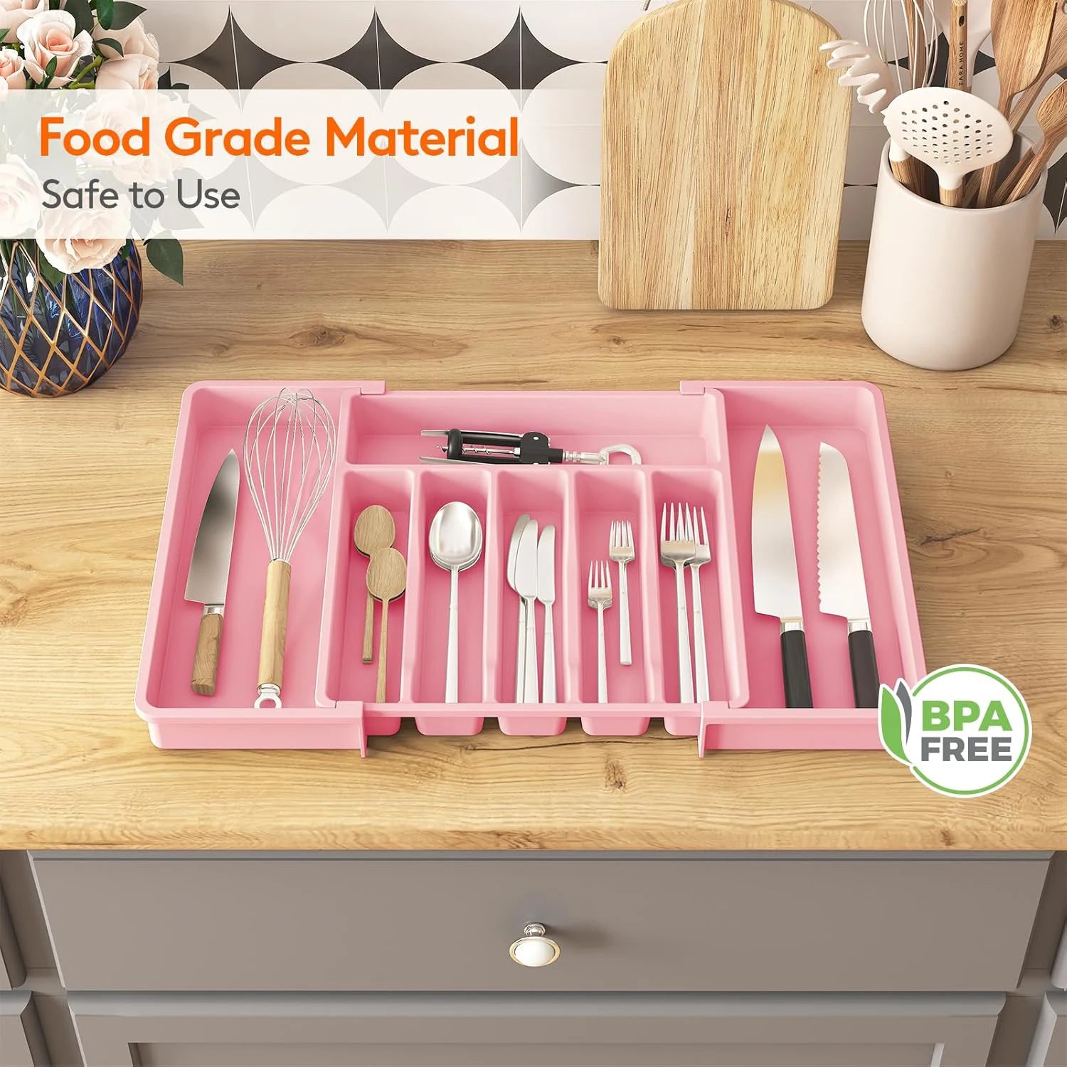Silverware Drawer Organizer, Expandable Utensil Tray for Kitchen, BPA Free Flatware and Cutlery Holder, Adjustable Plastic Stora