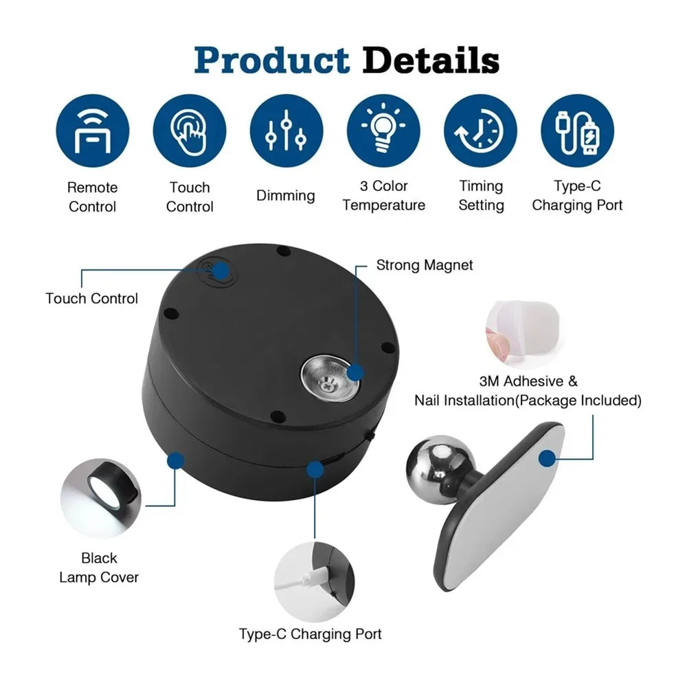 Magnetic LED Wall Light Night Dimmable Magnetic Picture Lights 360° Rotation Touch Remote Control Cabinet Spotlight Night Lamp