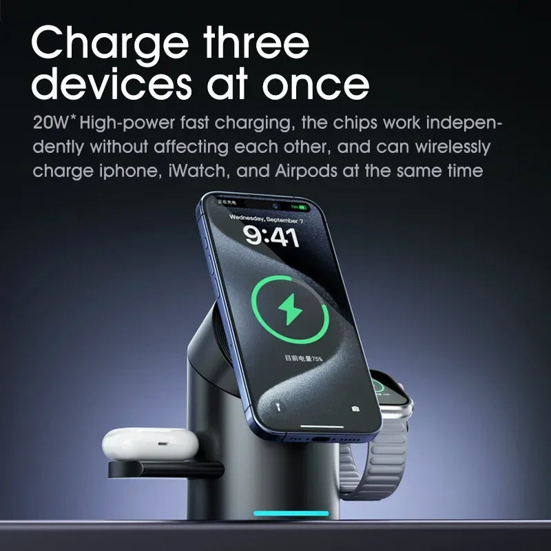 New Smart 15W Qi2 3 In 1 Magsafe Magnetic Autorotation Wireless Charger For iPhone iWatch Airpods Fast Charging Dock Station