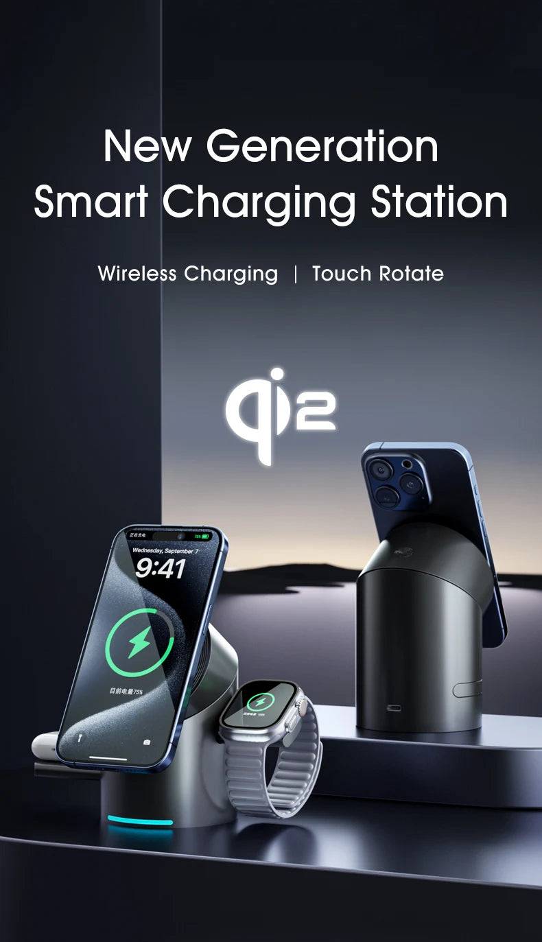 New Smart 15W Qi2 3 In 1 Magsafe Magnetic Autorotation Wireless Charger For iPhone iWatch Airpods Fast Charging Dock Station