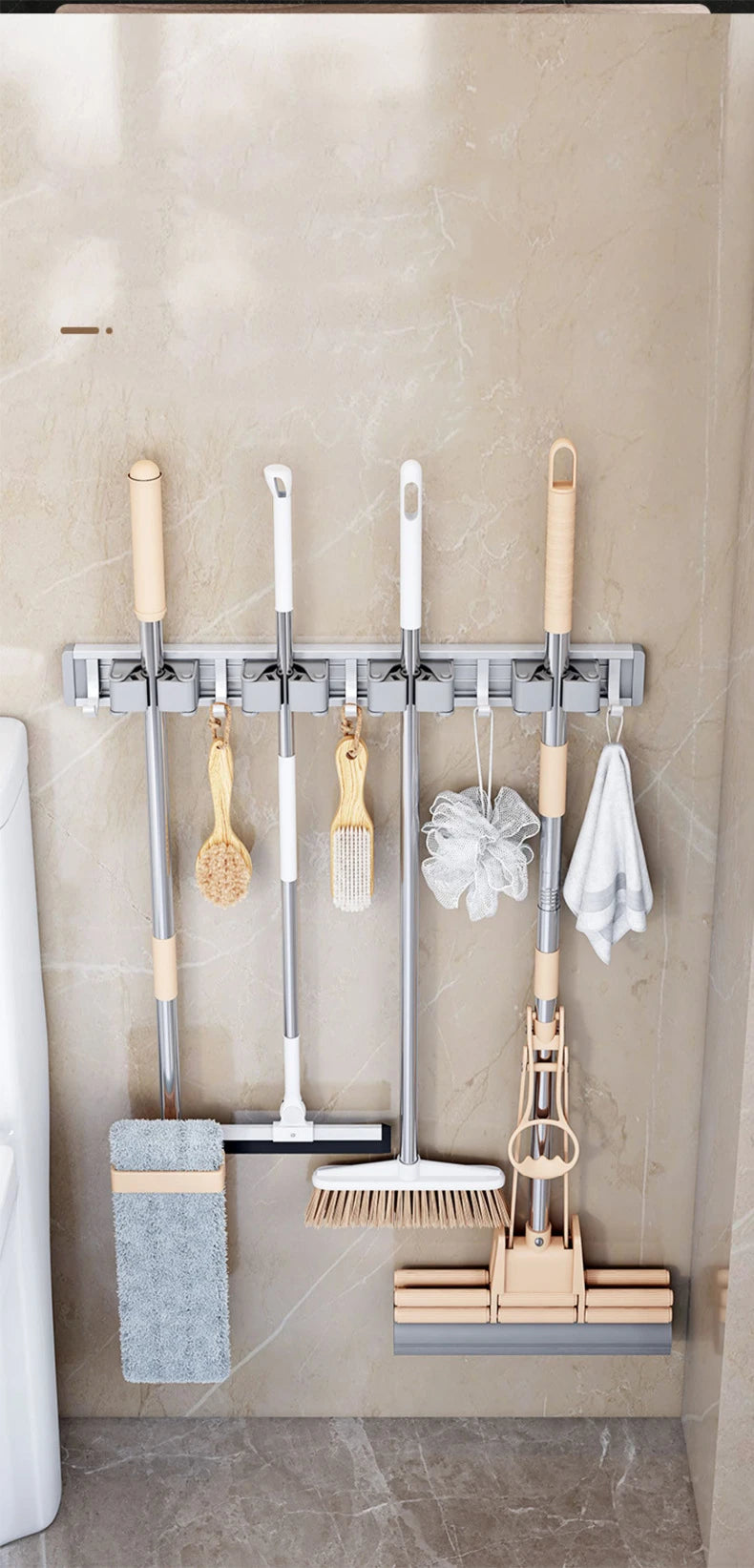 Organizador de trapeador y escoba de pared con 5 ganchos, resistente soporte autoadhesivo para trapeador, ideal para cocina, baño y almacenamiento de herramientas de limpieza.