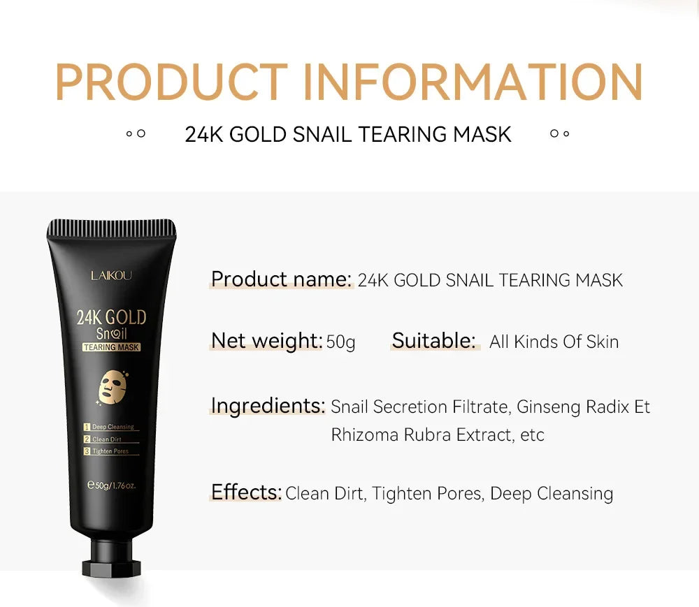 Masque LAIKOU 24K Gold SNAIL TEARING, nettoyant en profondeur, élimine les points noirs, soin du visage, 50 g