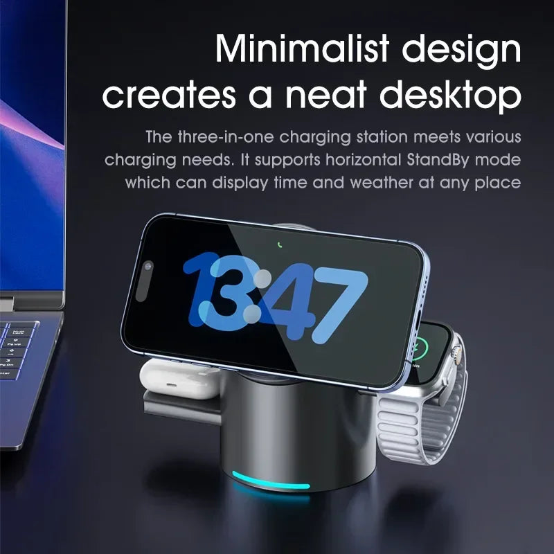 New Smart 15W Qi2 3 In 1 Magsafe Magnetic Autorotation Wireless Charger For iPhone iWatch Airpods Fast Charging Dock Station