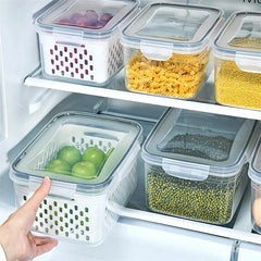 Lot de 3 boîtes de conservation pour réfrigérateur avec couvercles et passoire, boîtes de rangement pour fruits et légumes