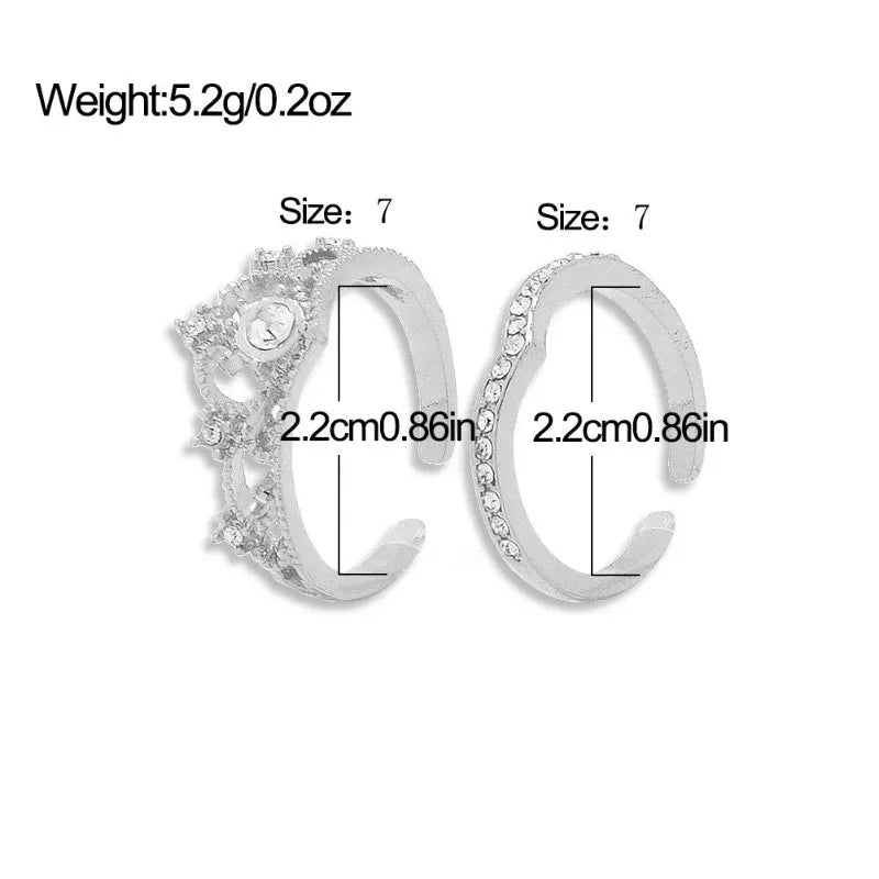 Stainless Steel 2PCS Crystal Crown Adjustable Ring Irregular Geometry Vintage Rings Set for Women Girls New Fashion Jewelry Gift