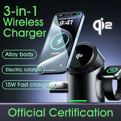 New Smart 15W Qi2 3 In 1 Magsafe Magnetic Autorotation Wireless Charger For iPhone iWatch Airpods Fast Charging Dock Station