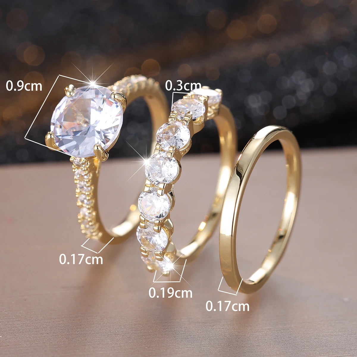 3pcs Luxury Bridal Stacking Thin Ring Sets For Women Gold Color Round White Zircon Wedding Bands Party Mothers Day Jewelry Gifts