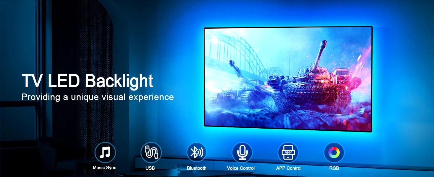 GIPOYENT TV LED Backlight Light Strip Bluetooth APP Control Music Sync RGB Color Changi Backlight For TV 32-60 Inch 3M-10M