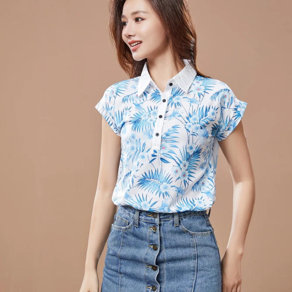 Blusa informal de gasa con cuello vuelto para mujer, estilo primavera-verano, holgada, con estampado, manga corta, DF3548