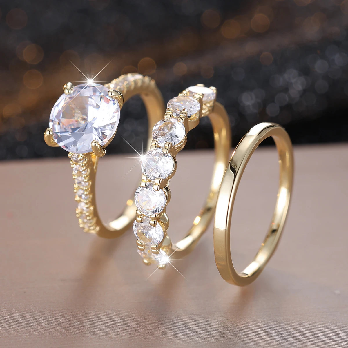 3pcs Luxury Bridal Stacking Thin Ring Sets For Women Gold Color Round White Zircon Wedding Bands Party Mothers Day Jewelry Gifts