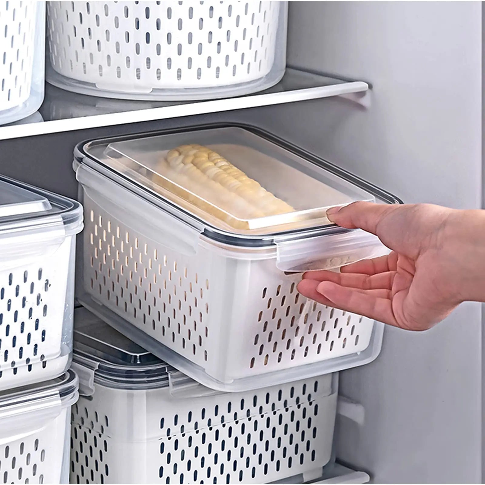 Lot de 3 boîtes de conservation pour réfrigérateur avec couvercles et passoire, boîtes de rangement pour fruits et légumes