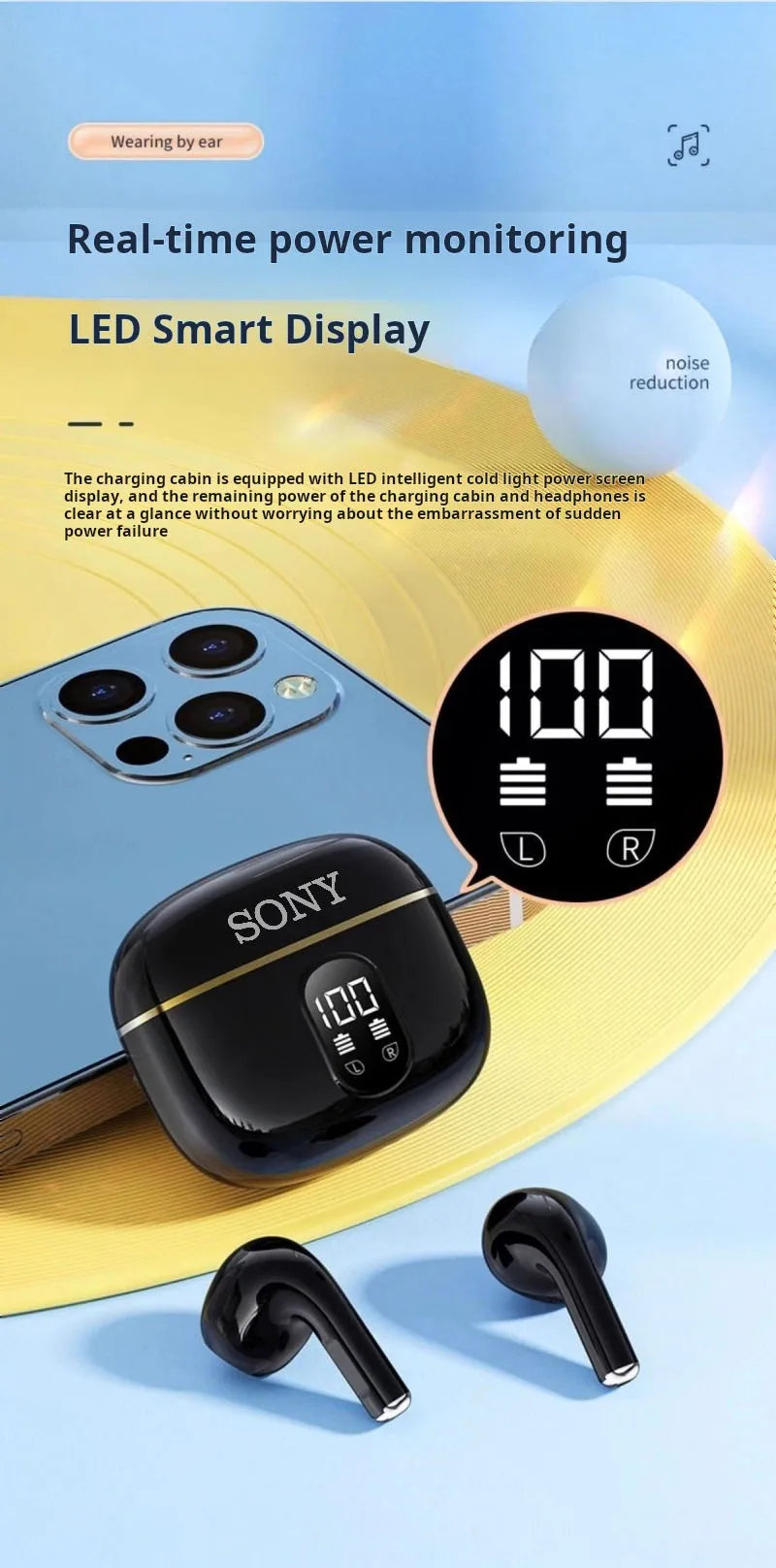 Auriculares inalámbricos Sony True con sonido estéreo HIFI, Bluetooth, pantalla táctil, para iPhone y Samsung. Cable para auriculares.
