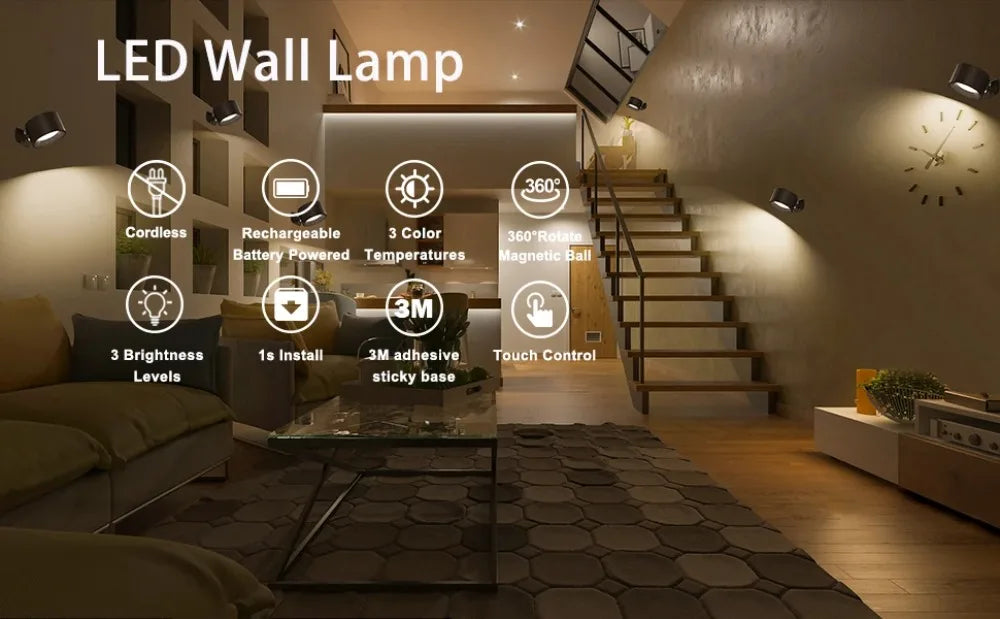 Magnetic LED Wall Light Night Dimmable Magnetic Picture Lights 360° Rotation Touch Remote Control Cabinet Spotlight Night Lamp