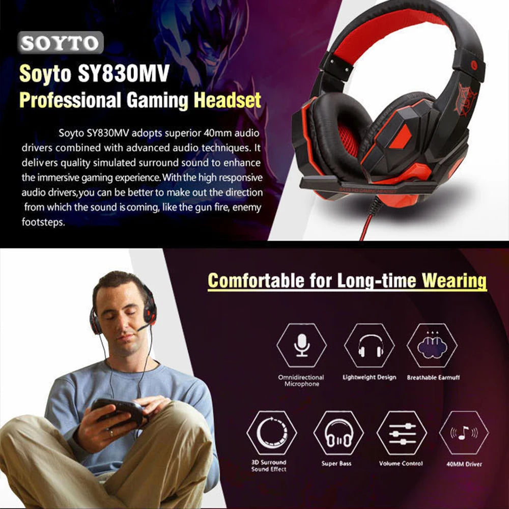 Auriculares para juegos con luz LED, micrófono, estéreo, graves profundos, para PC, portátil, PS4, Xbox