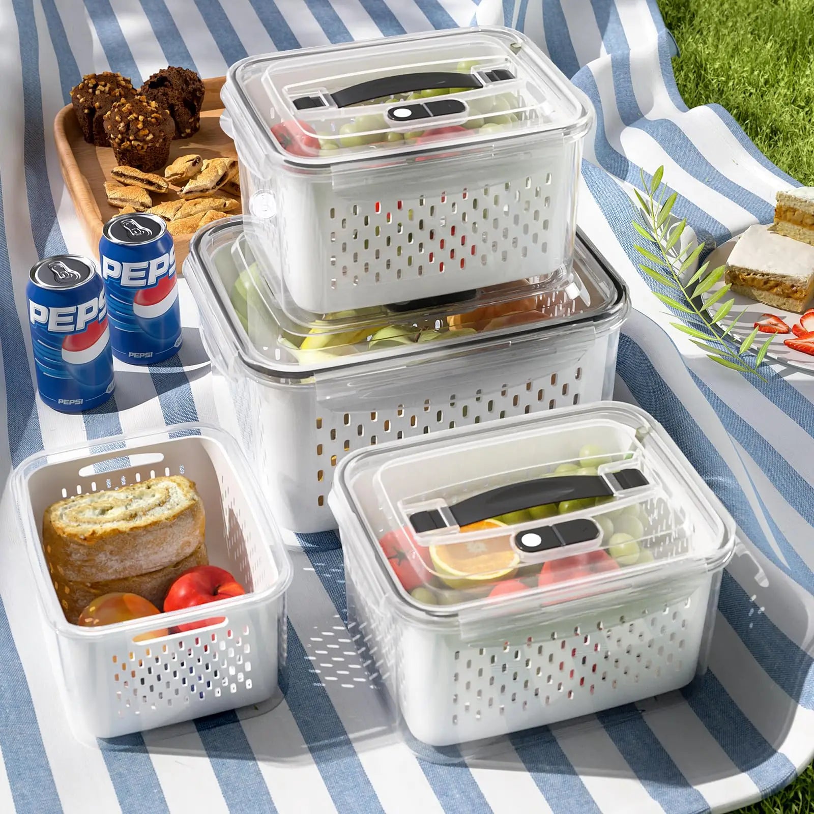 Lot de 3 boîtes de conservation pour réfrigérateur avec couvercles et passoire, boîtes de rangement pour fruits et légumes