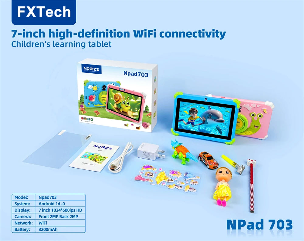 Kids Tablet 4GB + 128GB Memory Napd 703 Tablet 4 Core 7.01 HD Display 3200mAh WIFI-5G Android 14 Tablets for Children Girls 2025