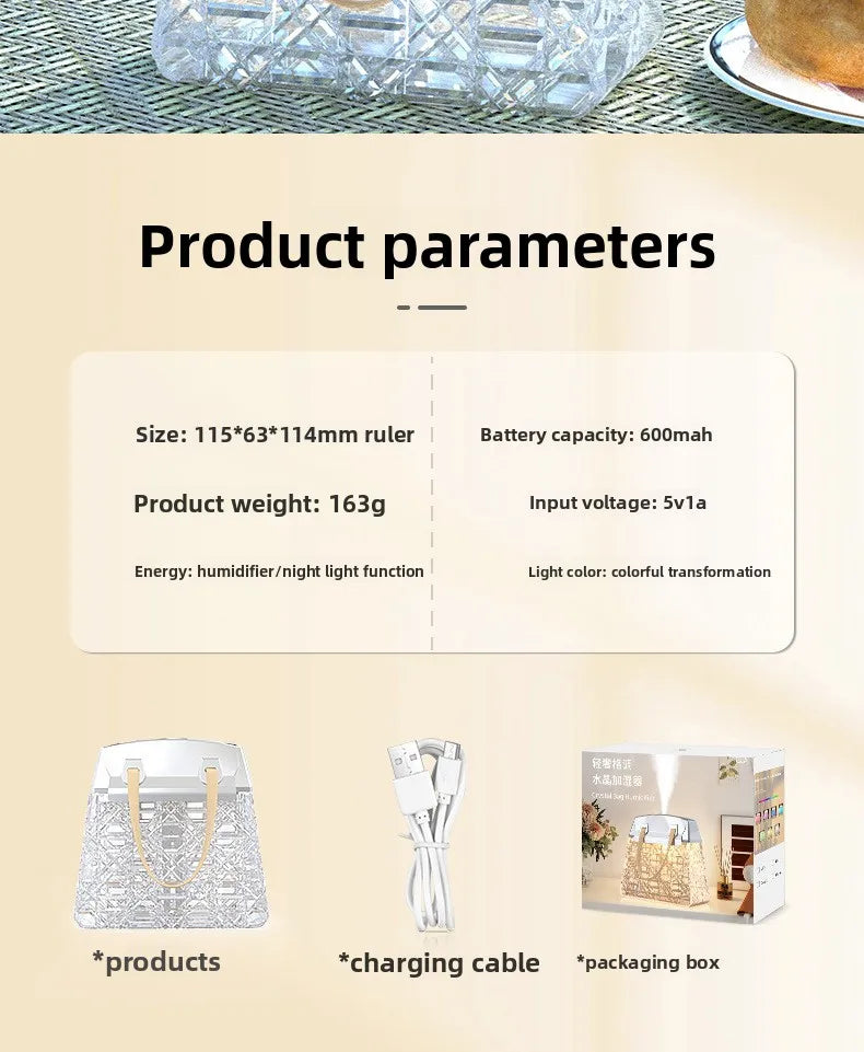 Crystal Bag Air Humidifier 300ML USB Rechargeable Aroma Diffuser Essential Oils Color Lights Mist Sprayer for Home Bedroom Gift