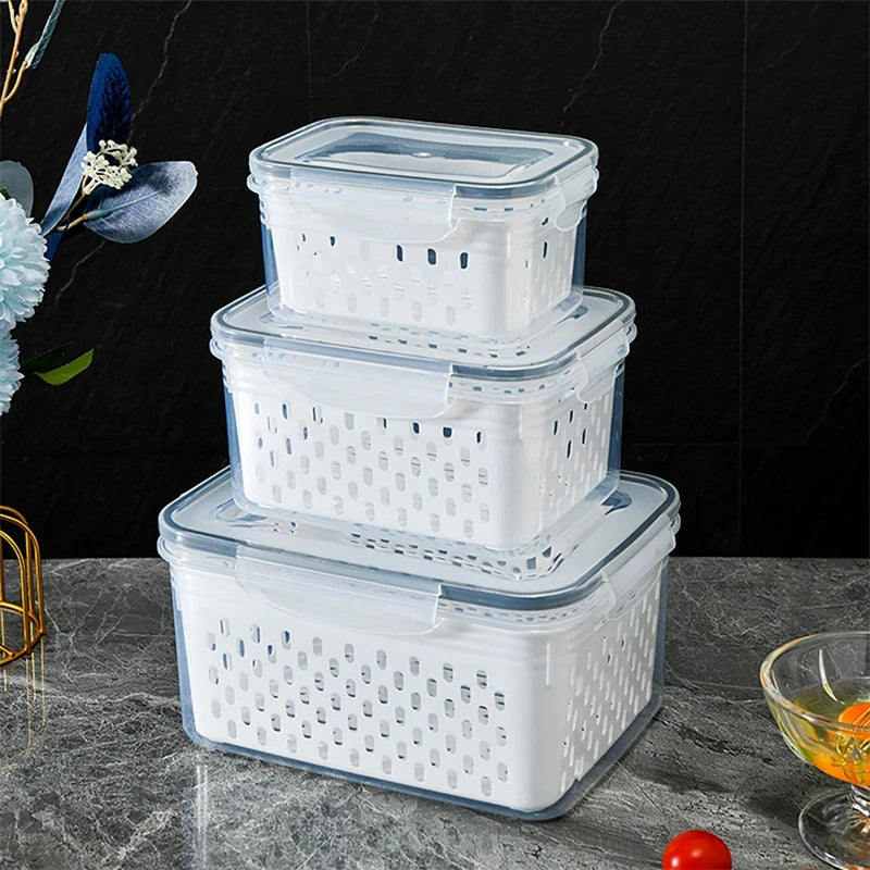 Lot de 3 boîtes de conservation pour réfrigérateur avec couvercles et passoire, boîtes de rangement pour fruits et légumes