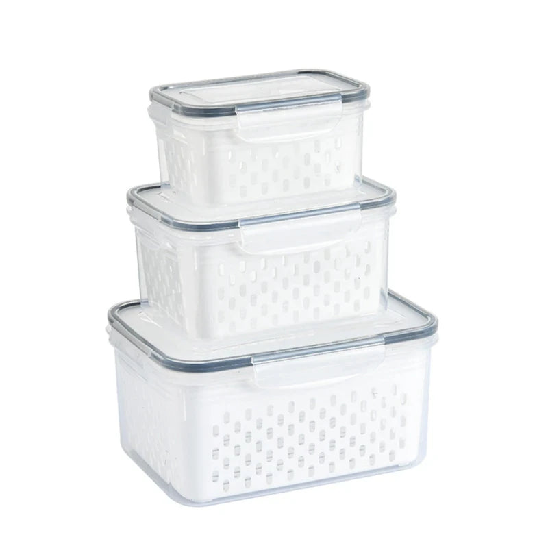 Lot de 3 boîtes de conservation pour réfrigérateur avec couvercles et passoire, boîtes de rangement pour fruits et légumes