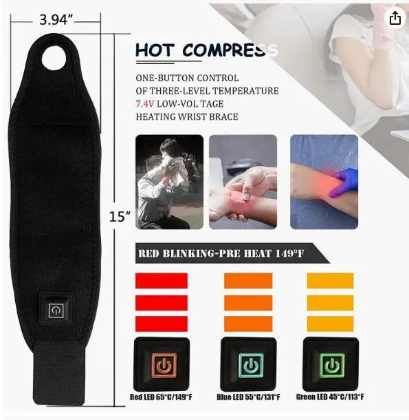 Manga de soporte para muñeca con calefacción eléctrica, protector de muñeca ajustable, correa negra transpirable, herramienta para proteger las articulaciones de las manos y los deportes.