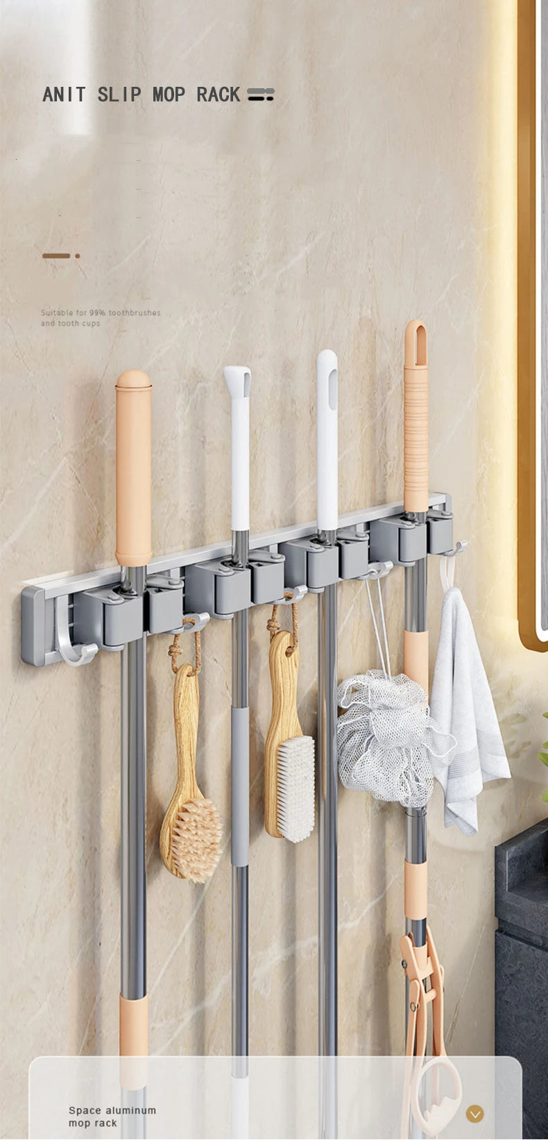 Organizador de trapeador y escoba de pared con 5 ganchos, resistente soporte autoadhesivo para trapeador, ideal para cocina, baño y almacenamiento de herramientas de limpieza.
