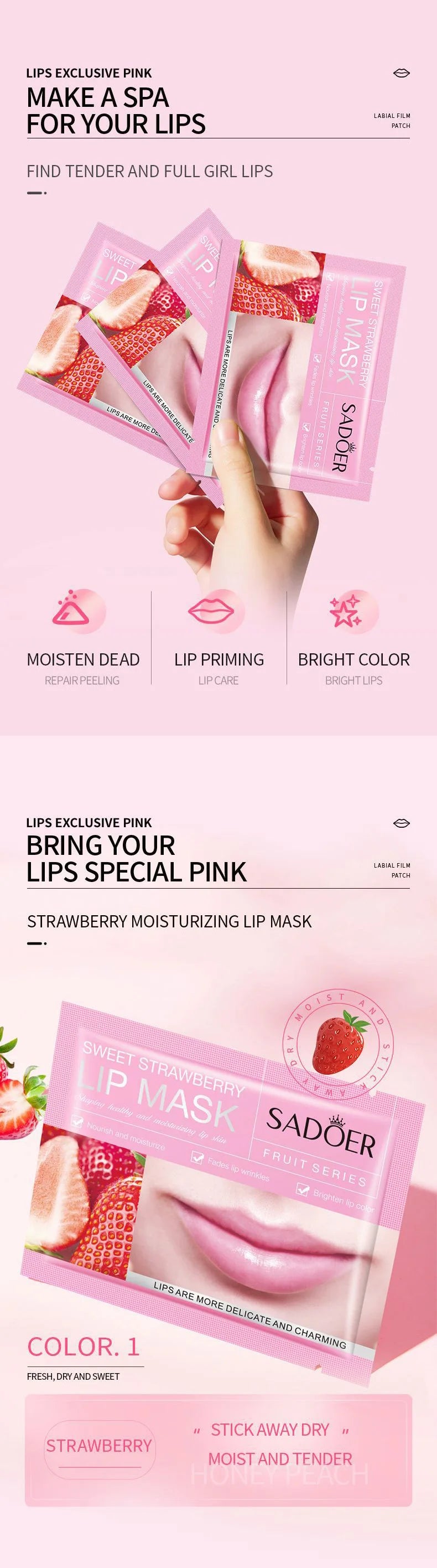 10pcs SADOER Fruits Moisturizing Lip Mask Lips Skin Care Nourishing Hydrating Crystal Collagen Gel Lip Patches Lips Plumper