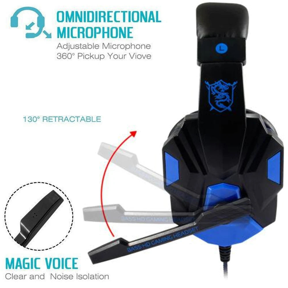 Auriculares para juegos con luz LED, micrófono, estéreo, graves profundos, para PC, portátil, PS4, Xbox
