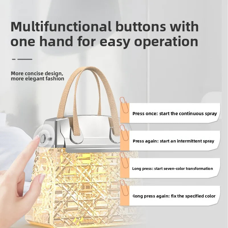 Crystal Bag Air Humidifier 300ML USB Rechargeable Aroma Diffuser Essential Oils Color Lights Mist Sprayer for Home Bedroom Gift