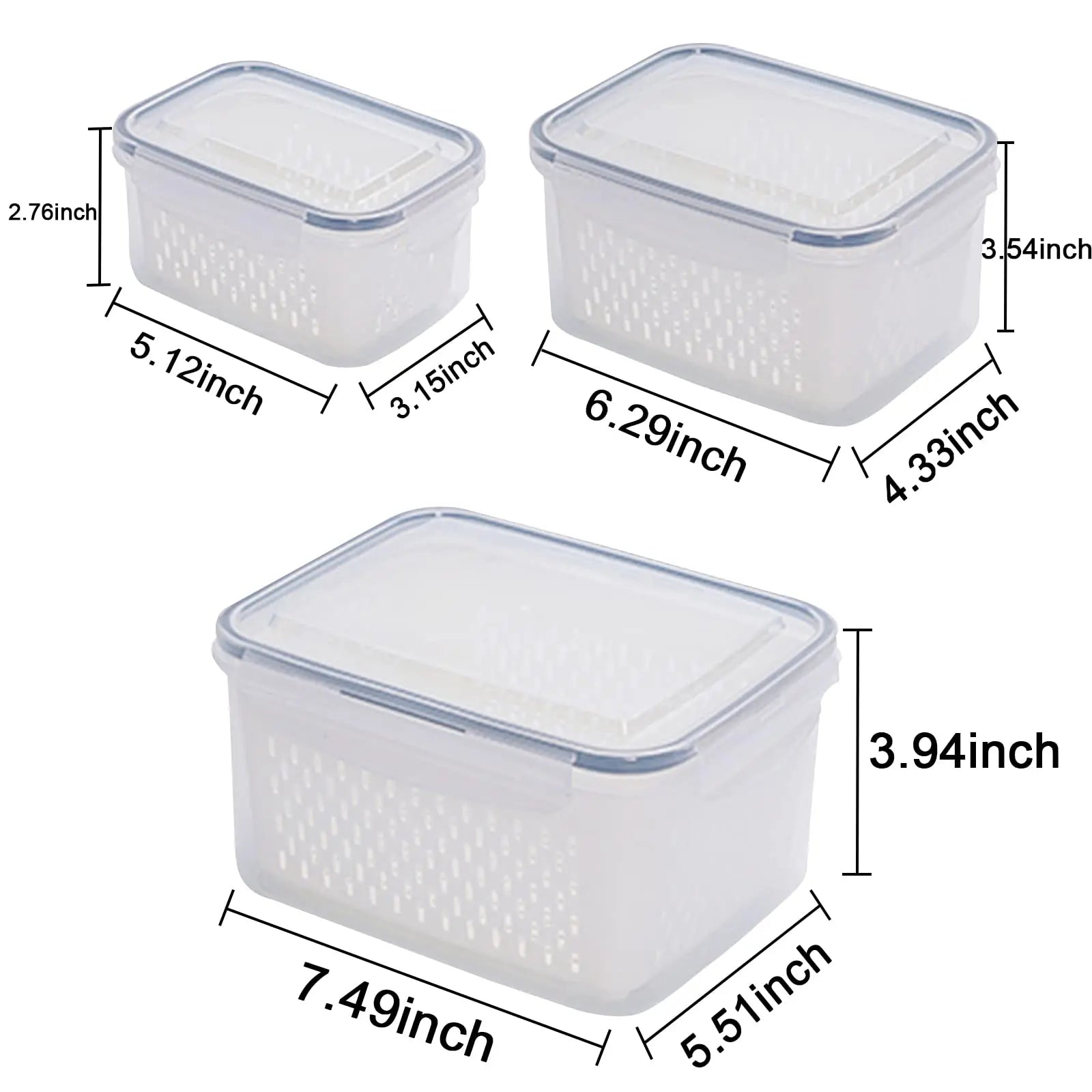 Lot de 3 boîtes de conservation pour réfrigérateur avec couvercles et passoire, boîtes de rangement pour fruits et légumes
