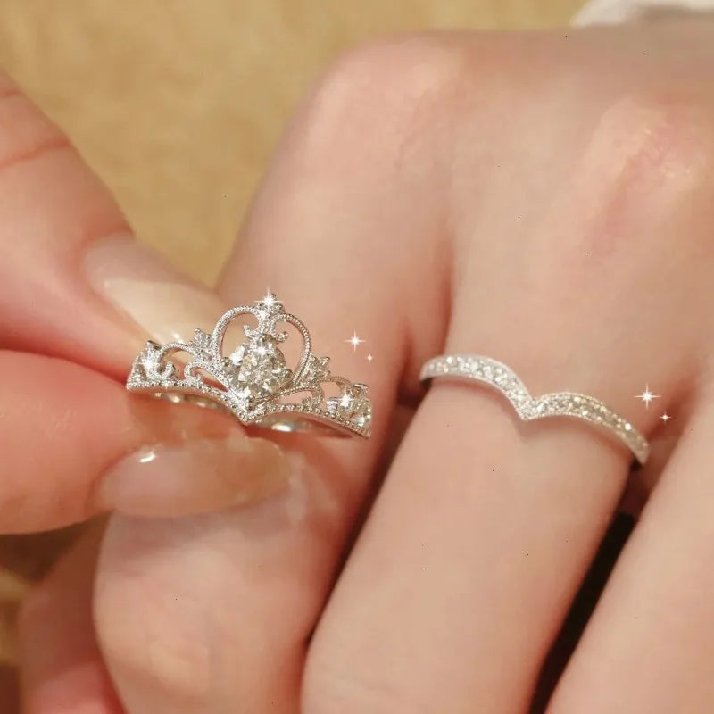 Stainless Steel 2PCS Crystal Crown Adjustable Ring Irregular Geometry Vintage Rings Set for Women Girls New Fashion Jewelry Gift