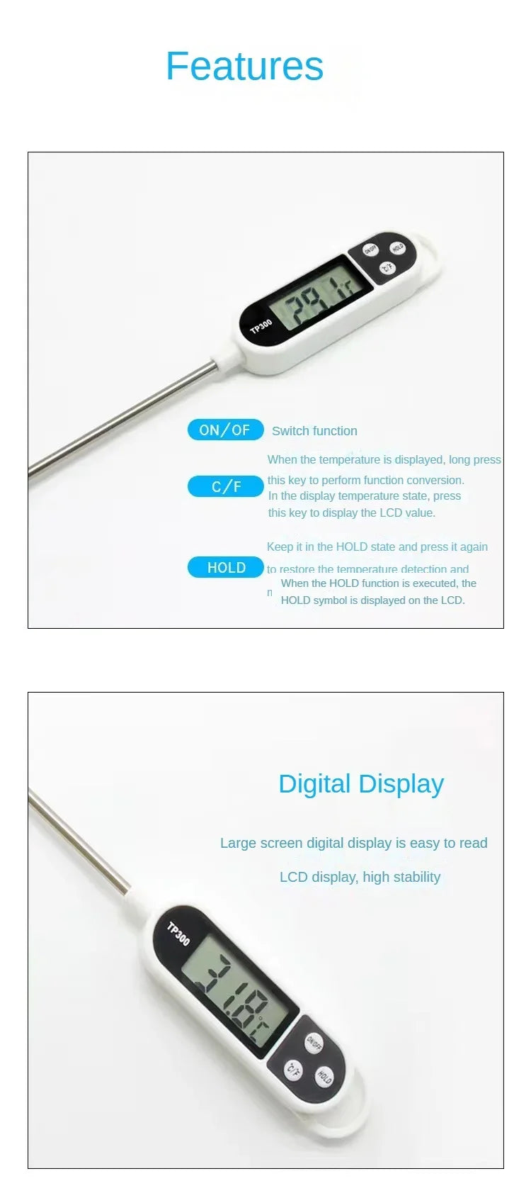 Digital Kitchen Thermometer Digital Temperature MeasuringTool for Meat Electronic Food Thermometer LCD Display Food Thermometer
