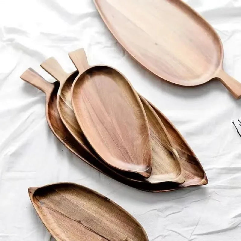 Japanese Style High Aesthetic Wooden Leaf Shaped Afternoon Tea Snack Tray,  Western Food Sushi Tray Dessert Fruits Dining Plate