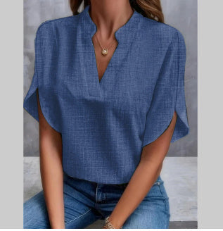 Camisa de gasa de manga corta de verano, nueva camisa con cuello en V, ropa informal versátil para mujer