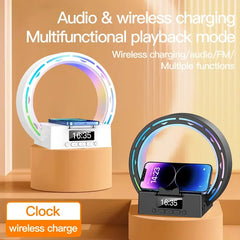 Altavoz inalámbrico 4 en 1 compatible con Bluetooth, base de carga, lámpara de noche con despertador, luz de despertador para dormitorio, compatible con unidad USB y tarjeta TF.