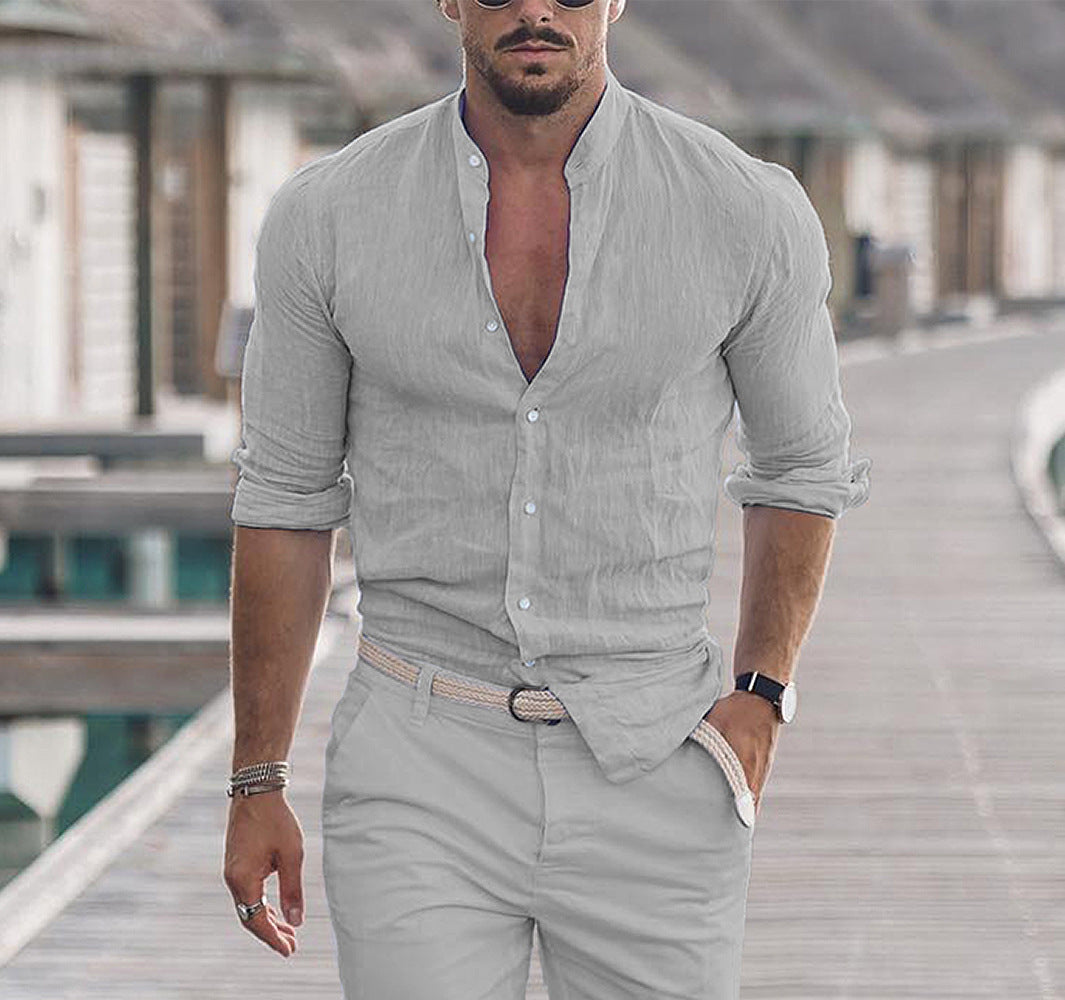 Chemise à manches longues pour homme avec boutons, style décontracté, couleur unie, pour le printemps et l'automne