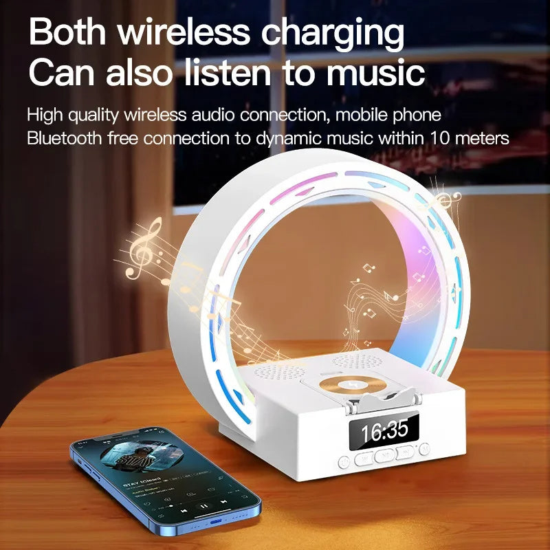 Altavoz inalámbrico 4 en 1 compatible con Bluetooth, base de carga, lámpara de noche con despertador, luz de despertador para dormitorio, compatible con unidad USB y tarjeta TF.
