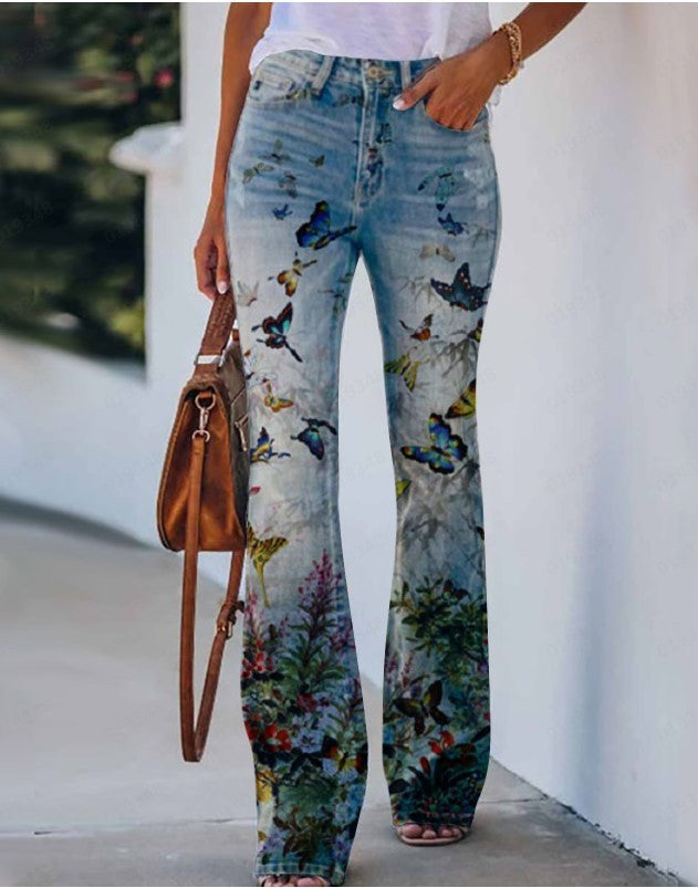 Pantalon d'été à imprimé fleurs et oiseaux pour femme