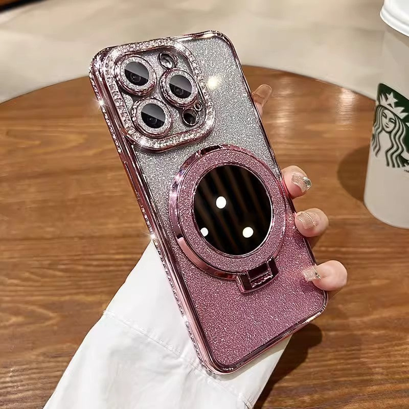 Funda protectora con purpurina para teléfono con soporte para espejo de maquillaje