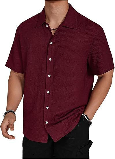 Camisa de manga corta de color liso para hombre, estilo casual, con solapa y botones.
