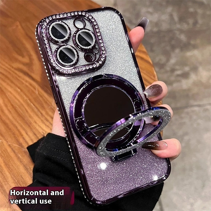 Funda protectora con purpurina para teléfono con soporte para espejo de maquillaje